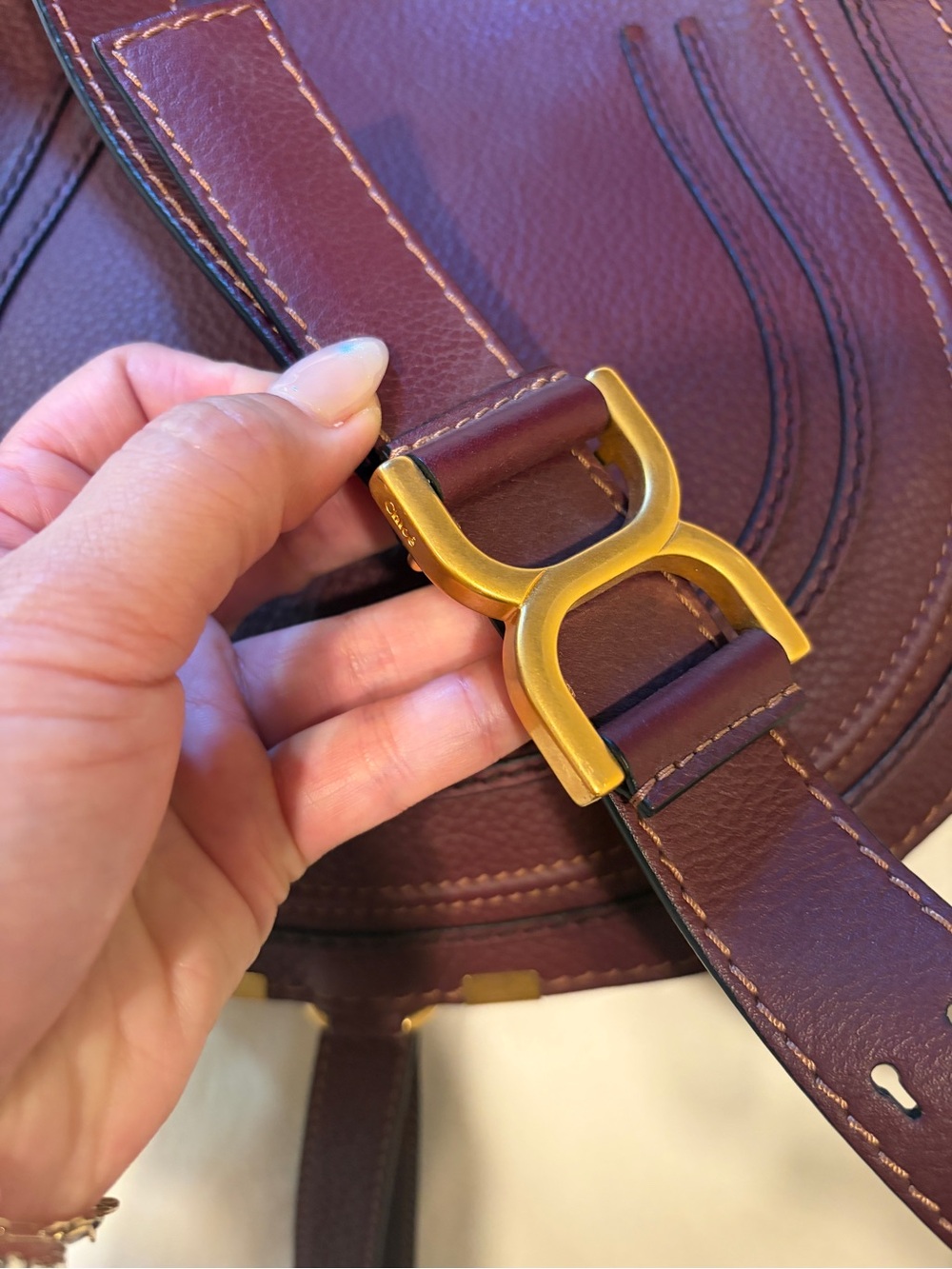 Chloe Marcie Medium Burgundy Grained Leather Saddle Bag Crossbody - Picture 4 of 12